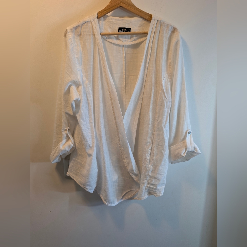 Blanc du Nil White Cotton Gauze Wrap Top • French Resort Wear • Size XL